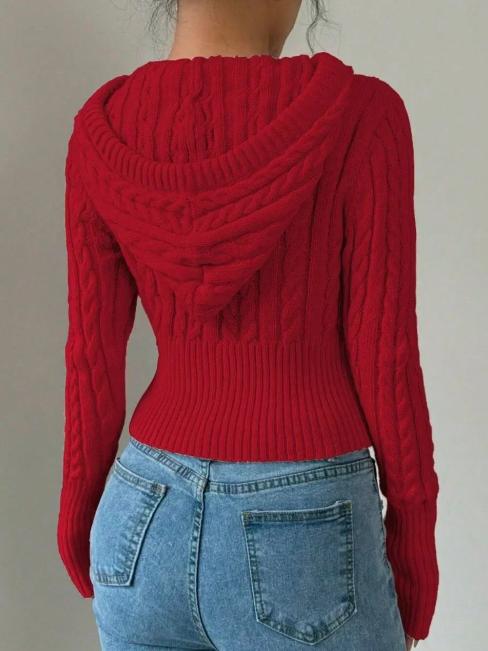 Red Casual Women's zip up Hooded sweater Cardigan